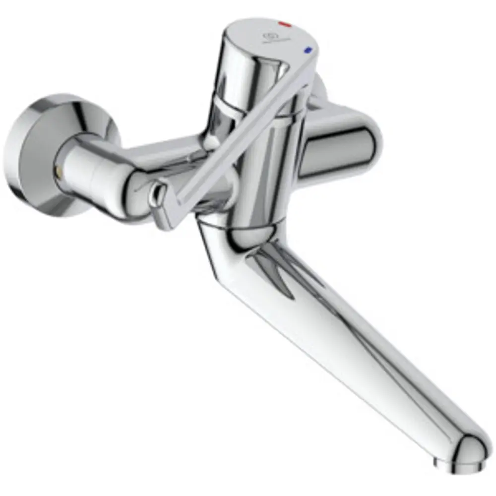 Chromfarbener Sicherheitsarmatur mit Hebel und Auslauf, hergestellt von Ideal Standard. Das Design ist funktional und für den Einsatz in Sanitäranlagen geeignet.